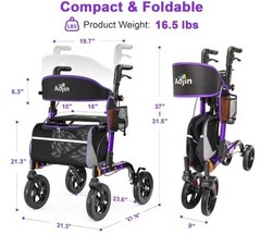 Aojin Lightweight & Foldable Rollator Walker w/Seat, 8″ All-Terrain, 18″ Seat…