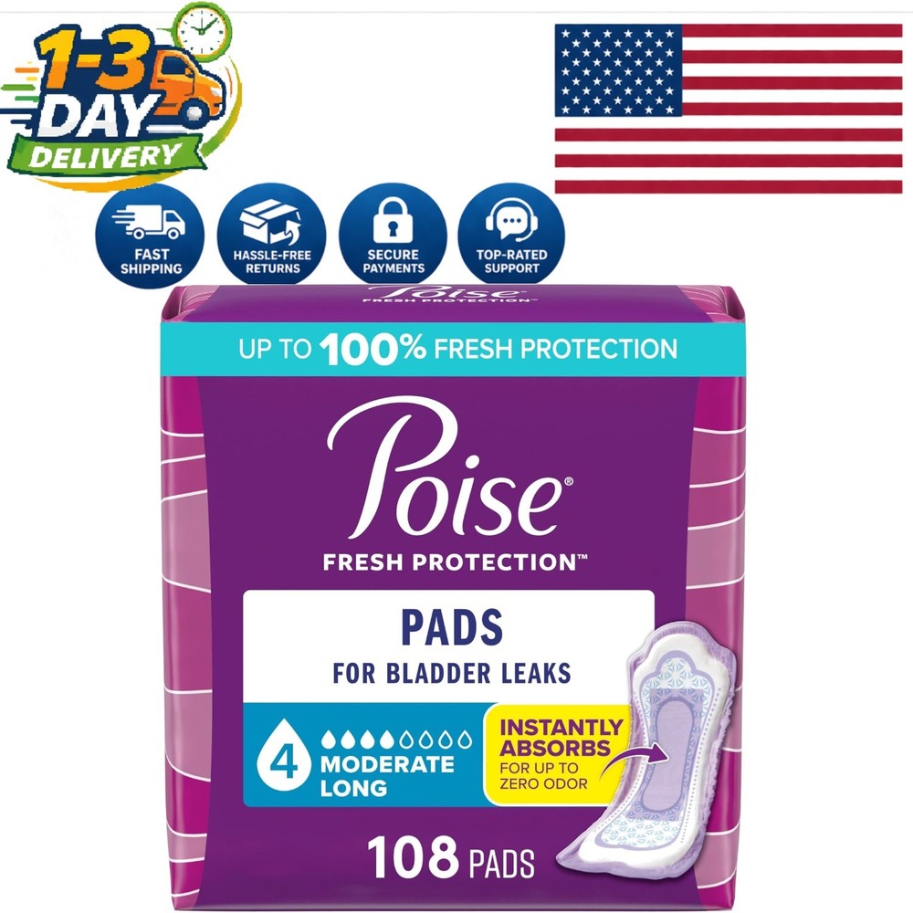 108 Count Poise Incontinence Pads – Long Length, 4 Drop Moderate Absorbency