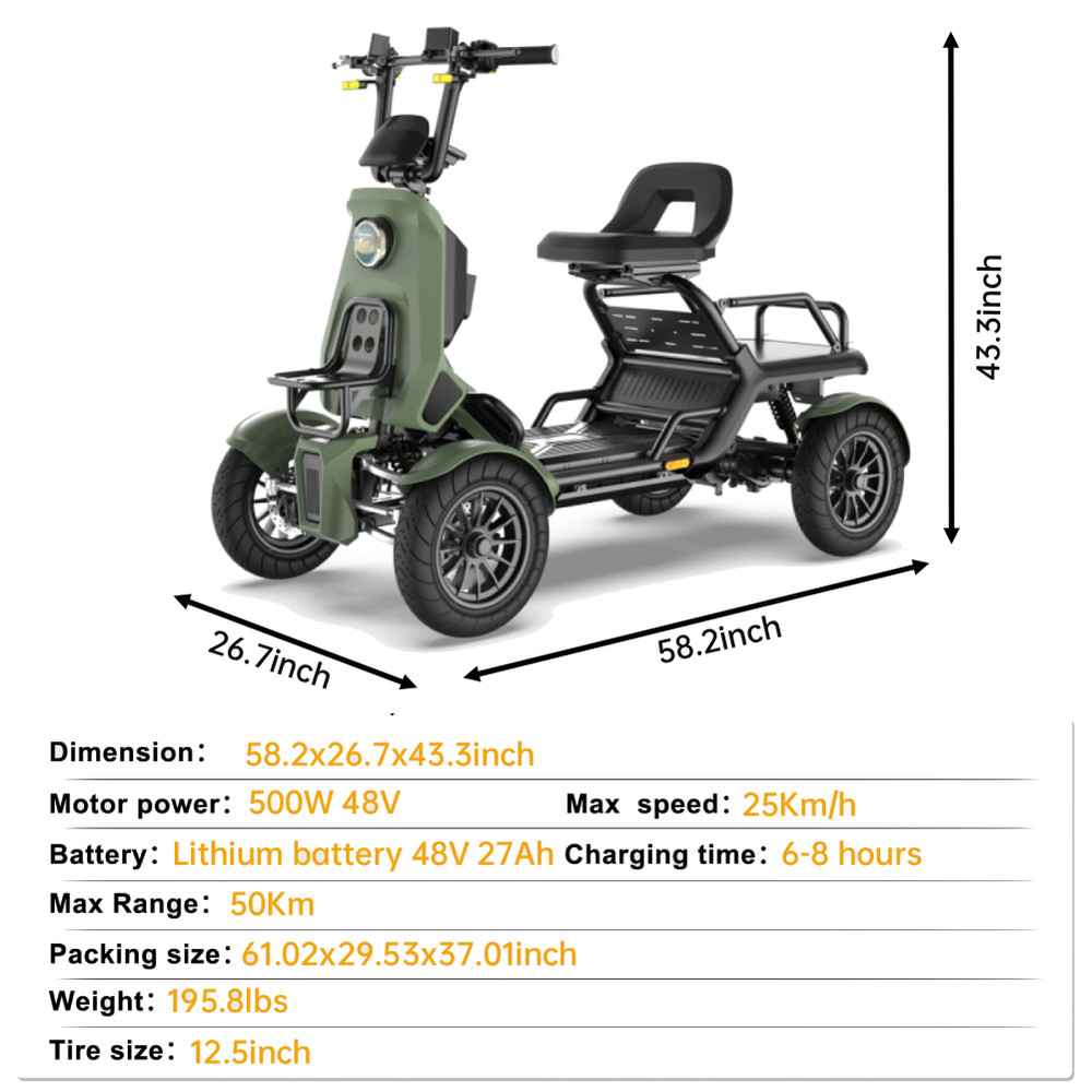 4-Wheel Electric Mobility Scooter for Adults Cargo Platform 500/1000W 15.5 MPH
