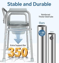 3-in-1 Bedside Commode Toilet – Height Adjustable, Portable, 350lb Capacity, Eas