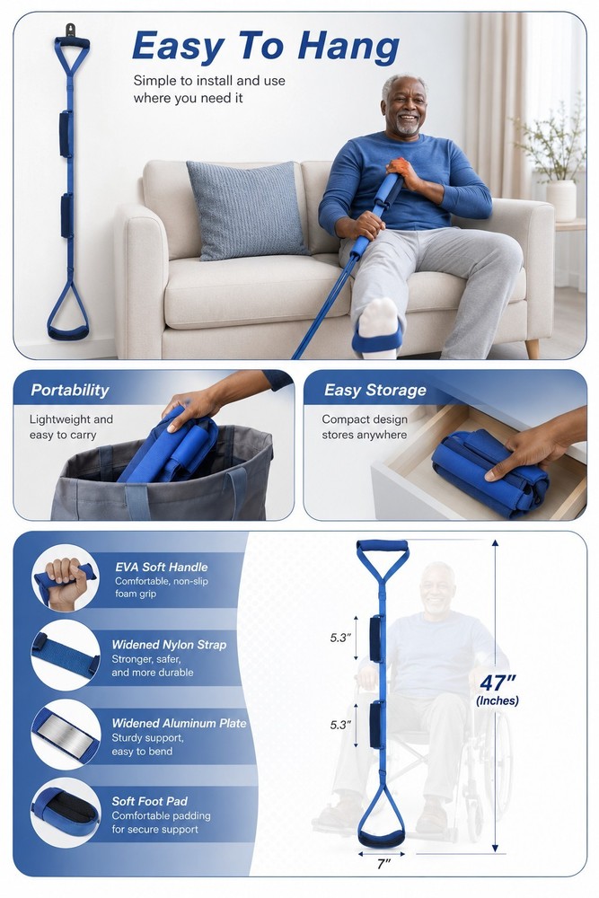 47 Inch Long Leg Lifter Strap, Leg Straps with 3 Soft Hand Grips