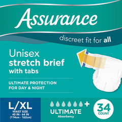 2 Pack Assurance Stretch Briefs With Tabs L XL 34 Count Unisex Adult