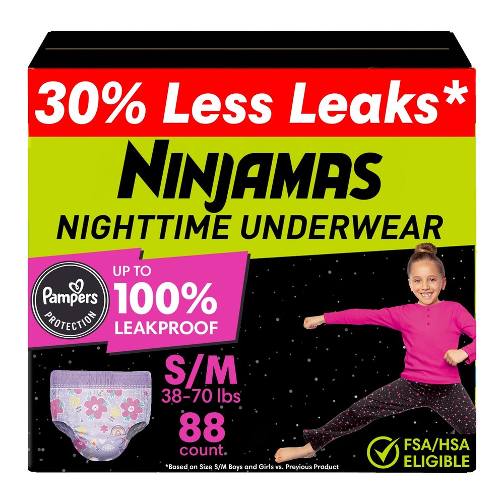 Girls Bedwetting Nighttime Underwear, Size S/M (38-70 lbs), 88 Count, Overnig…