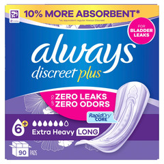 Always Discreet Plus Incontinence Pads for Women, Extra Heavy Long, 90 ct.