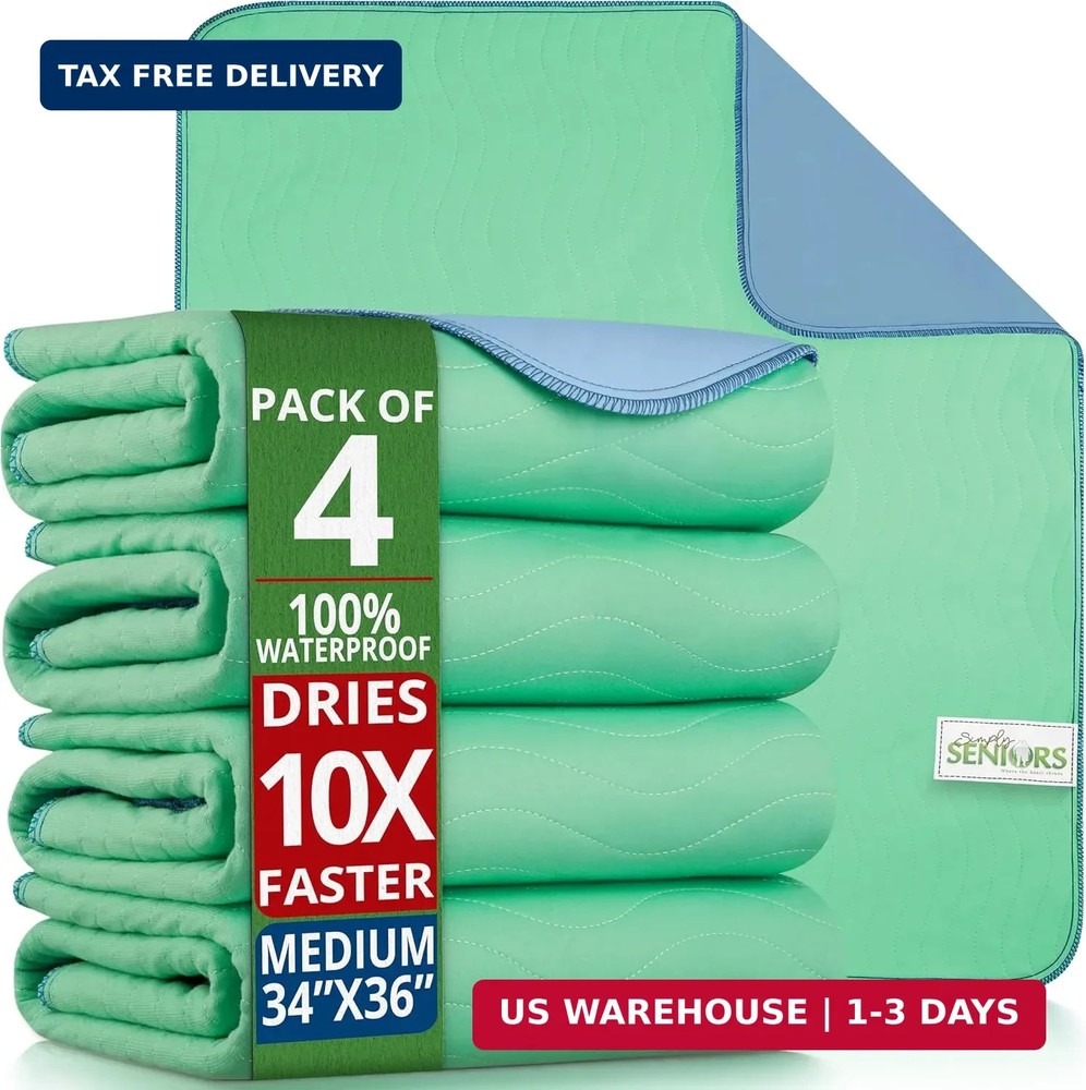 Bed Pads Washable Waterproof 34″x36″- Pack of 4 Incontinence Bed Pads & Washable