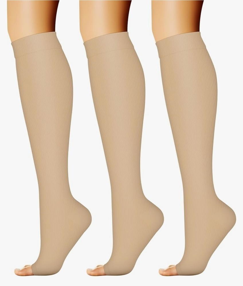 CHARMKING 3 Pairs Open Toe Compression Socks Biege Size: S-M Unisex