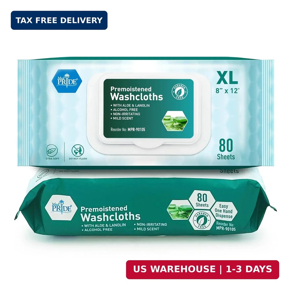 MED PRIDE Disposable XL Premoistened Washcloths 8″ x 12″ Pack of 80 – Adult Clot