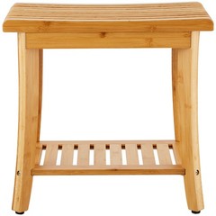 Waterproof Bamboo Shower Stool with Shelf, 330lb Load, Anti-Slip Feet, 19.1in