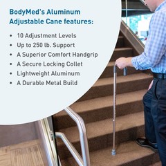 BodyMed Aluminum Adjustable Cane With Vinyl Grip Handle, Adjusts 30″-39″