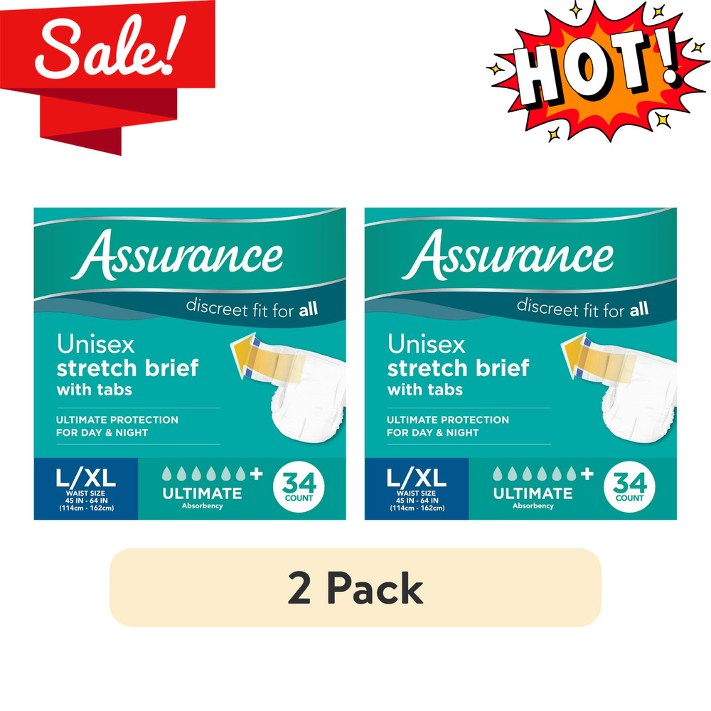 2 Pack Assurance Stretch Briefs With Tabs L XL 34 Count Unisex Adult