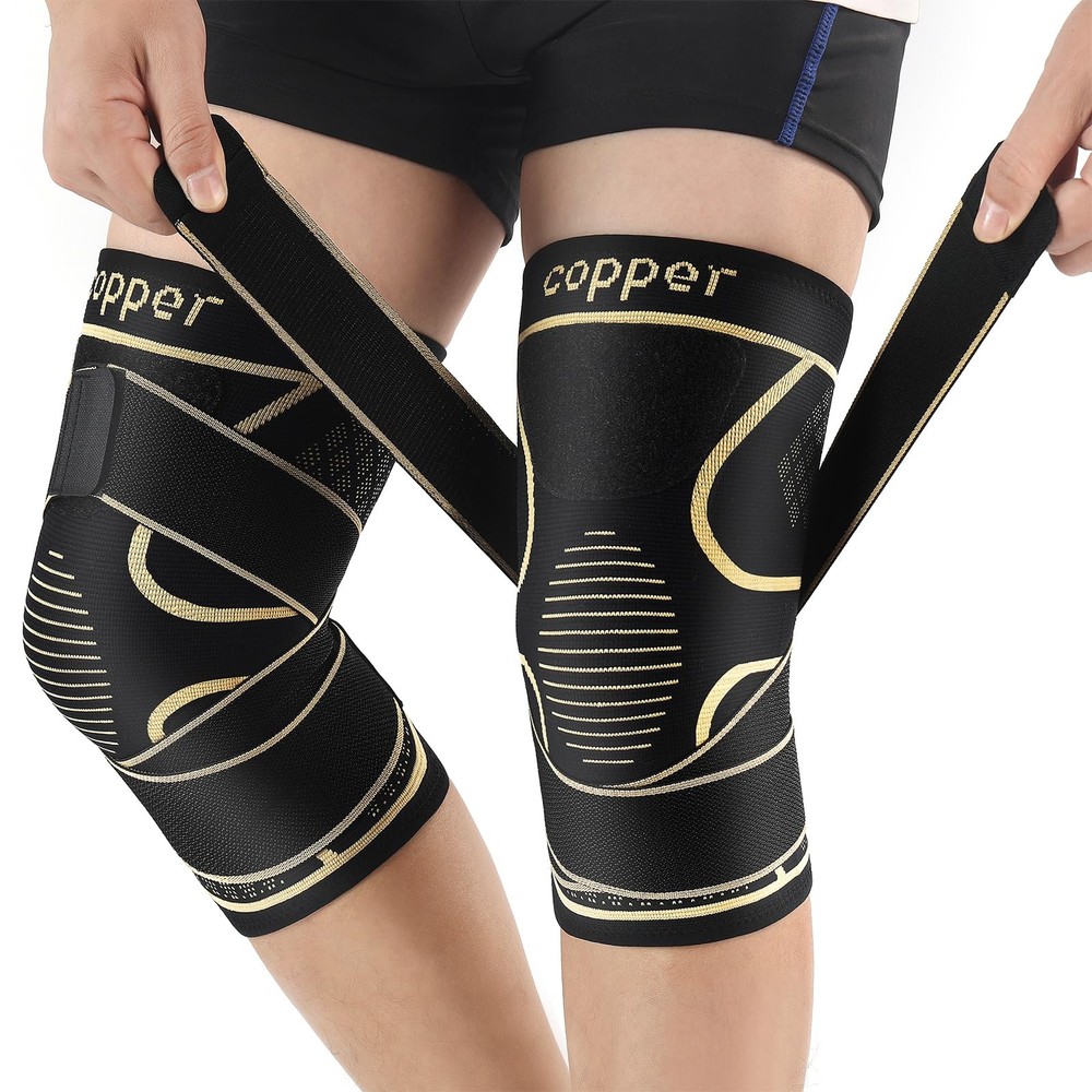 Copper Knee Braces with Strap for Pain Women and Medium, Black+Copper