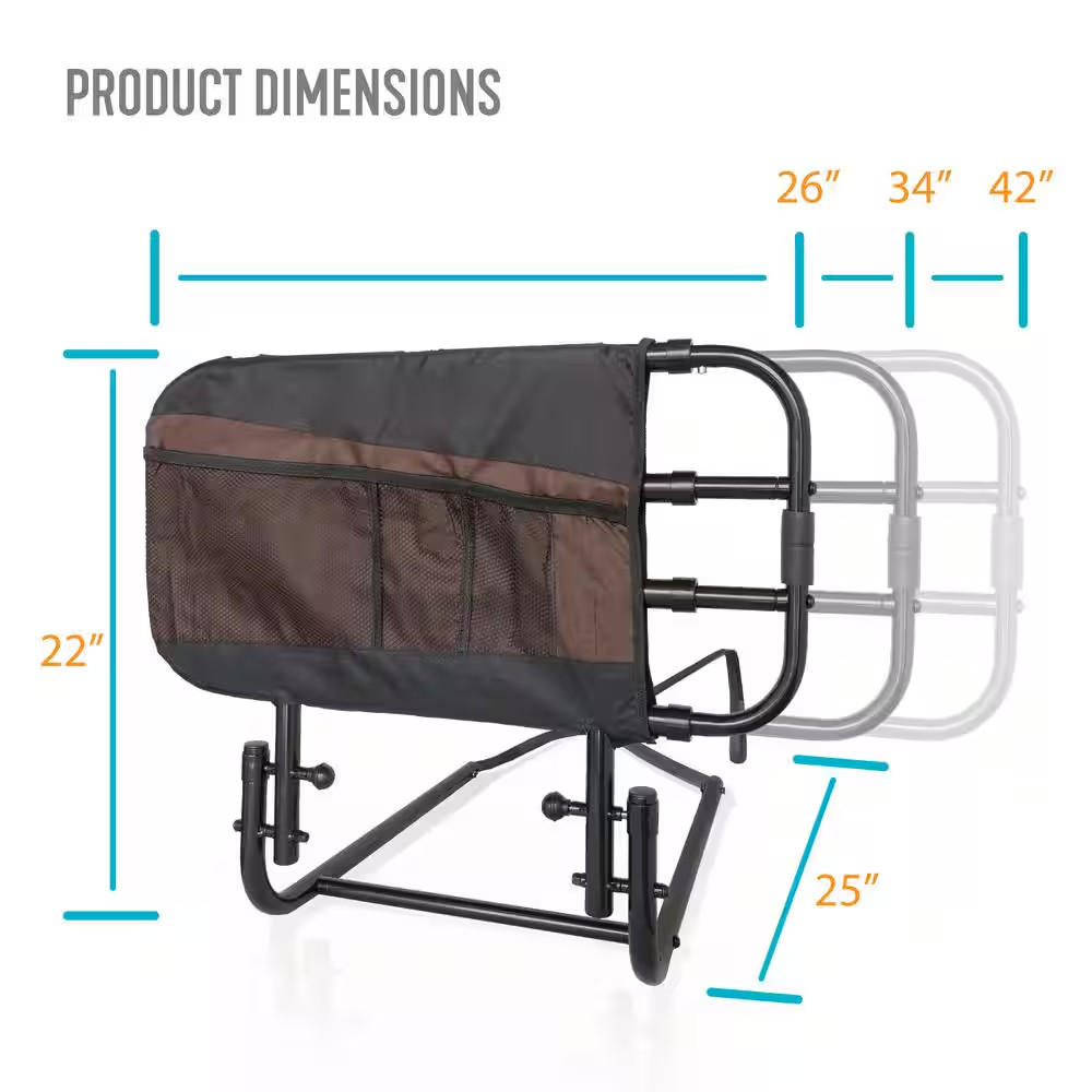 26 In. to 42 In. EZ Adjustable Bed Rail with Swing-Down Safety Railing and Pouch