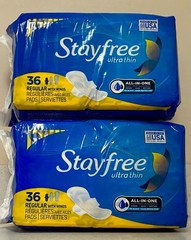 2 Stayfree Ultra Thin Regular Pads with wings 36 each 72 Total All in One