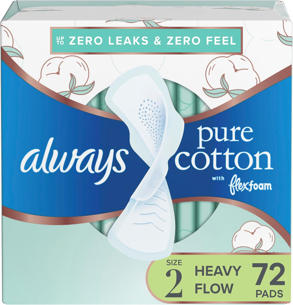 Pure Cotton, Feminine Pads for Women, Size 2 Heavy Flow Absorbency, Multipack, w