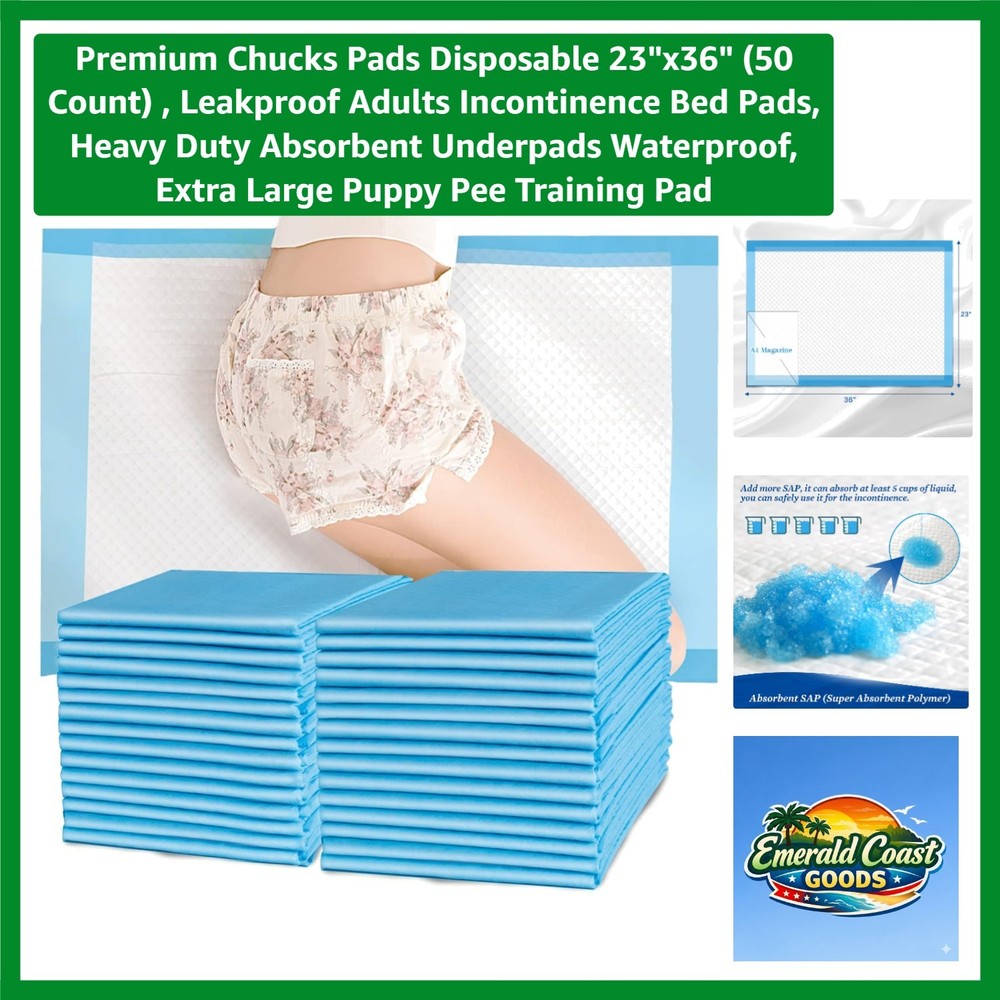 Chucks Pads Disposable 23″x36″ 50 Count , Leakproof Adults Incontinence Bed P…