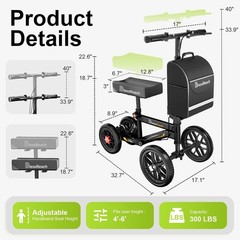 BlessReach All Terrain Knee Scooter Dual Brake 11″ Wheels Black WB2208-T