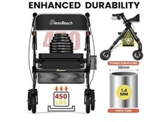 BlessReach Heavy Duty Rollator Walker For Seniors Wide Seat Backrest 450lbs Gray