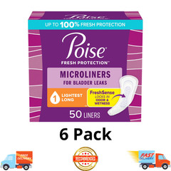 Poise Microliners Incontinence Liners, Long, 1 Drop Lightest, 50 Count x 6 Pack