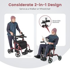Costway Folding Rollator Walker w/Seat & 8″ Wheels Supports up to 300 lbs Red