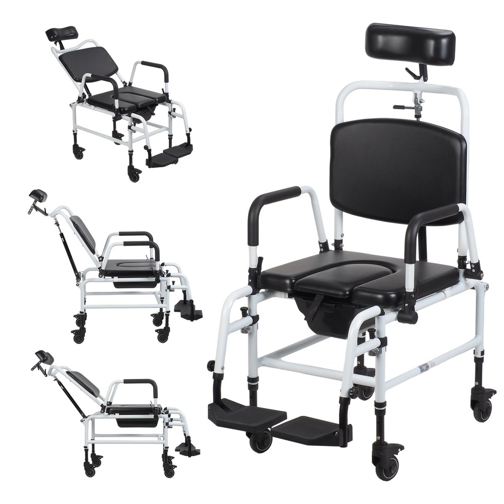 Shower Chair with Wheels, Adult Bedside Commode Chair with Headrest