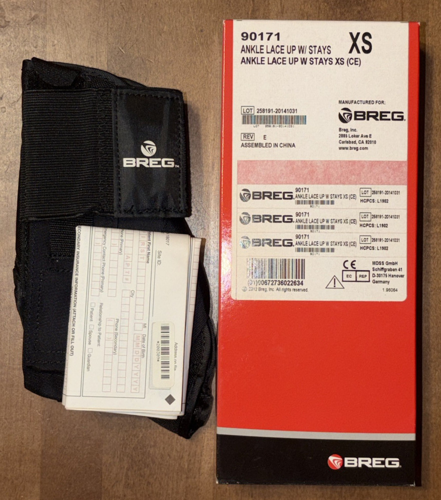 Breg Lace Up Ankle Brace W/Stays Extra Small XS 90171 Black New Factory Packaged