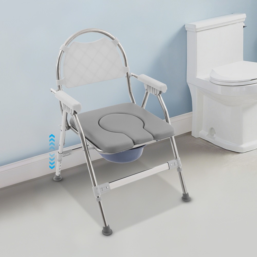 150kg/330.69 lbs Foldable Toilet Chair w/ Padded Seat Plate and Toilet Bucket