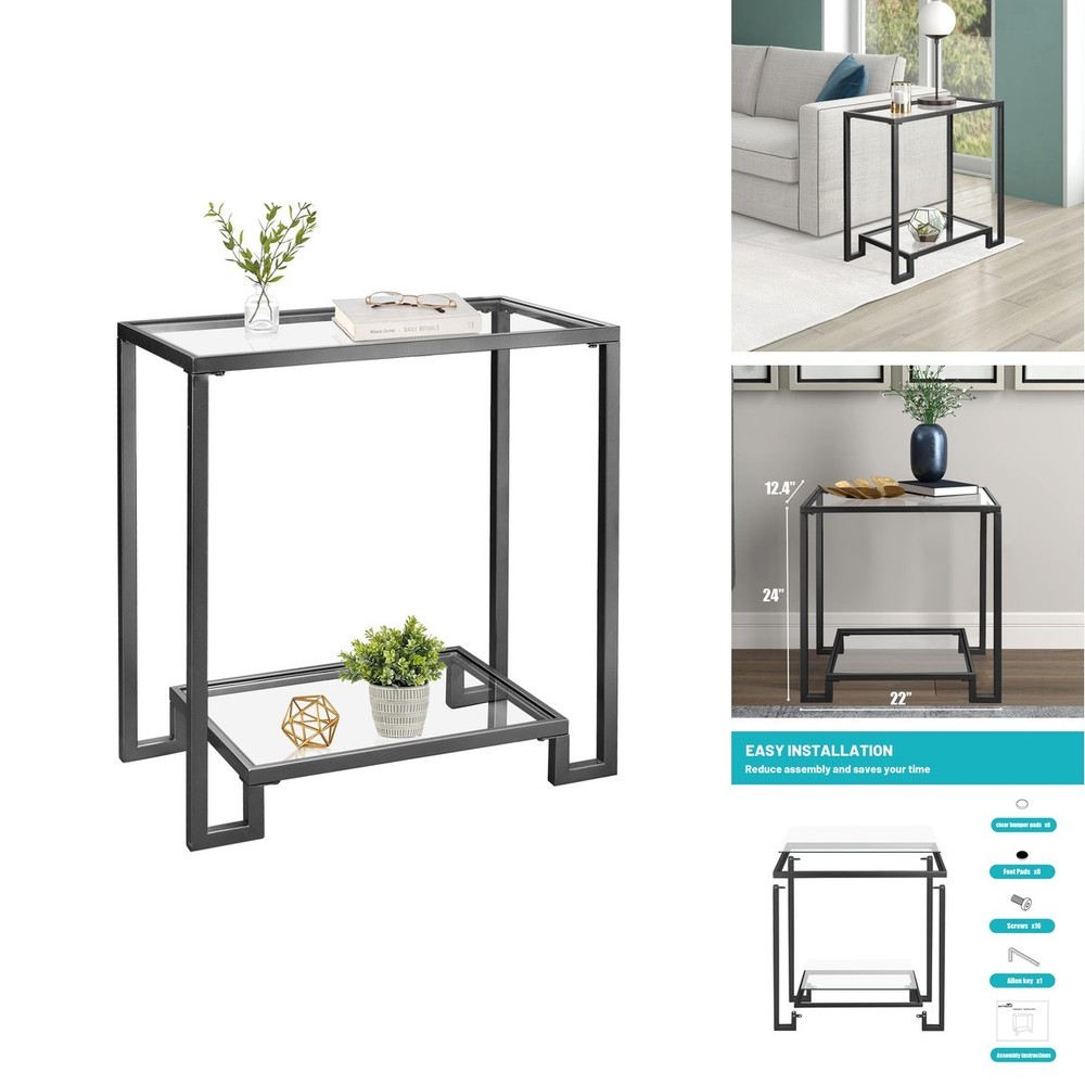Gifttrove 2 Tier Rectangular Side Table Black End Table Glass Top Modern Metal
