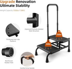 2 Step Stool with Handle Adjustable Handrail Non Slip Heavy Duty for Adults
