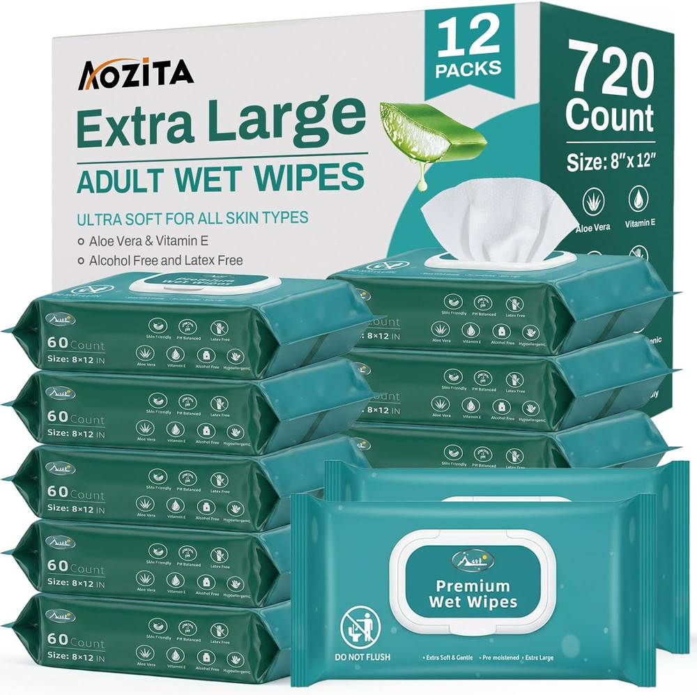 720 Count Wipes for Adults, 8″ X 12″ Extra Large Wet Wipes for Incontinence