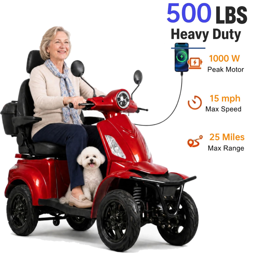 Veloinno 1000W 4-Wheel Mobility Scooter for Seniors 15mph Range 25 Miles 500lbs