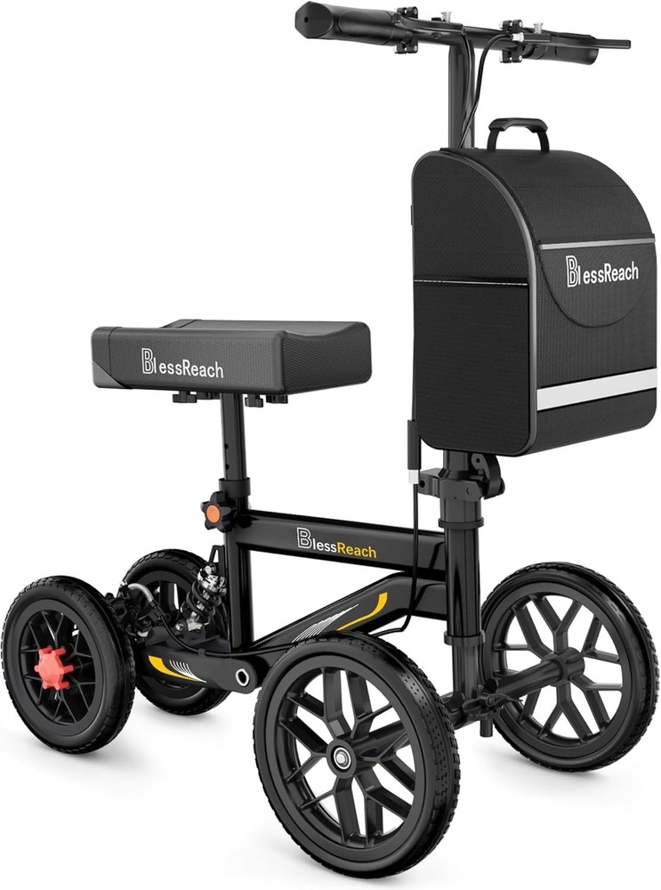 BlessReach All Terrain Knee Scooter Dual Brake 11″ Wheels Black WB2208-T
