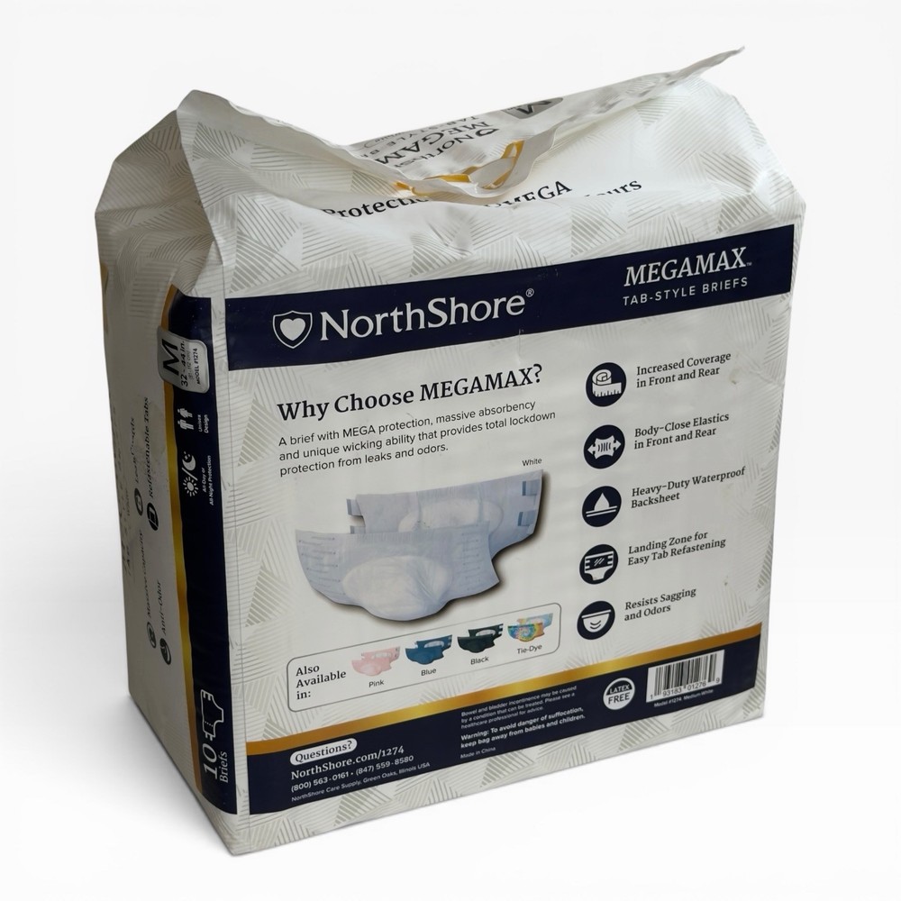 NorthShore MegaMax Adult Diapers Tab-Style Briefs Medium 32–44” 10 Count New