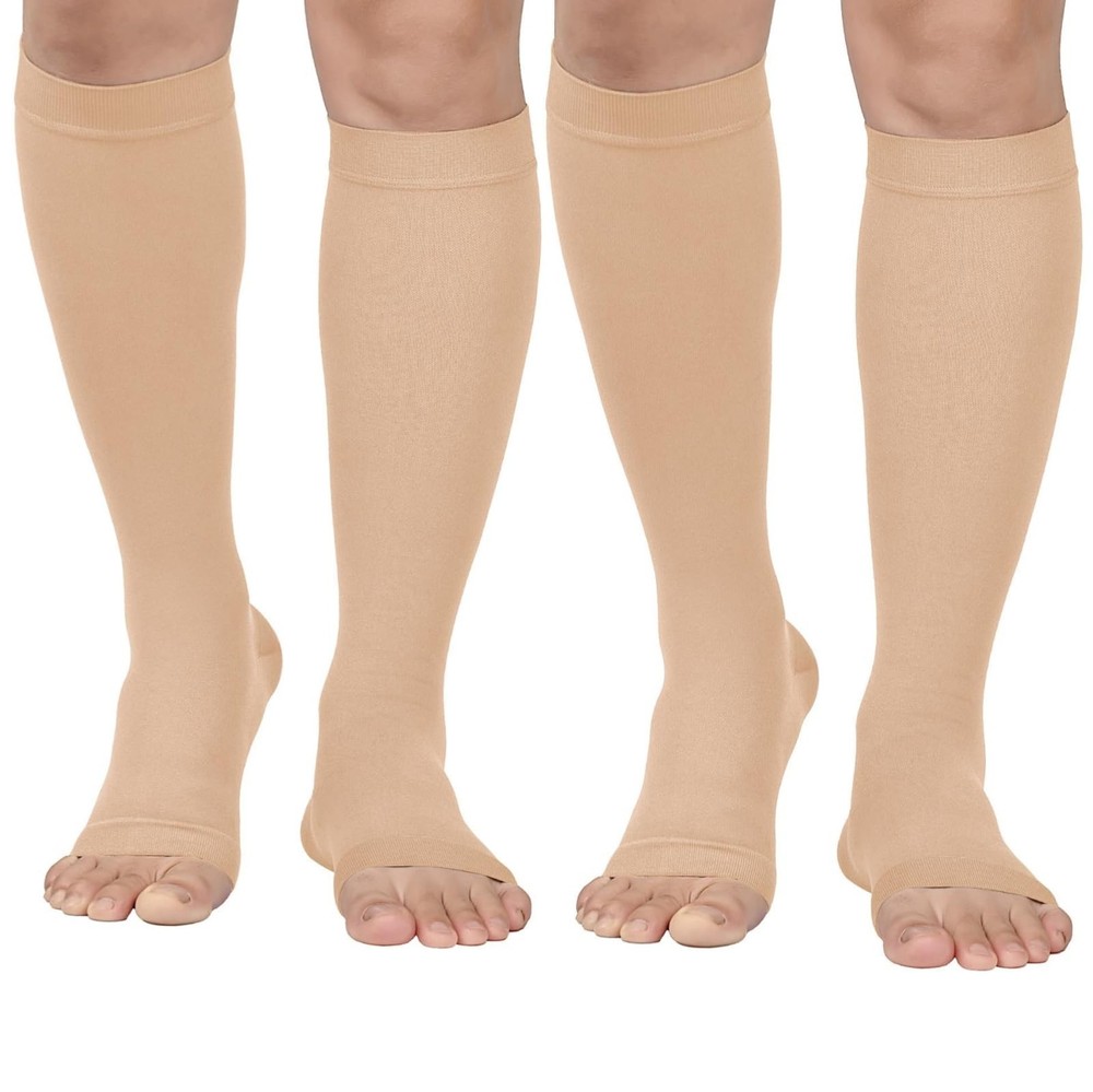 MGANG 20-30 mmHg Medical Compression Socks Large, 1 Pair Beige + 1