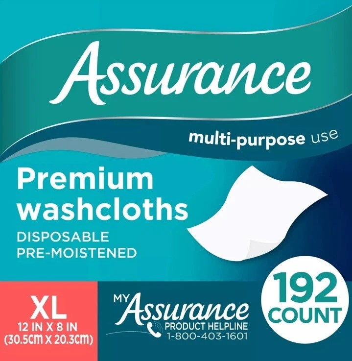 Assurance Premium Disposable Pre-Moistened Washcloths, Extra Large (XL), 192 Ct