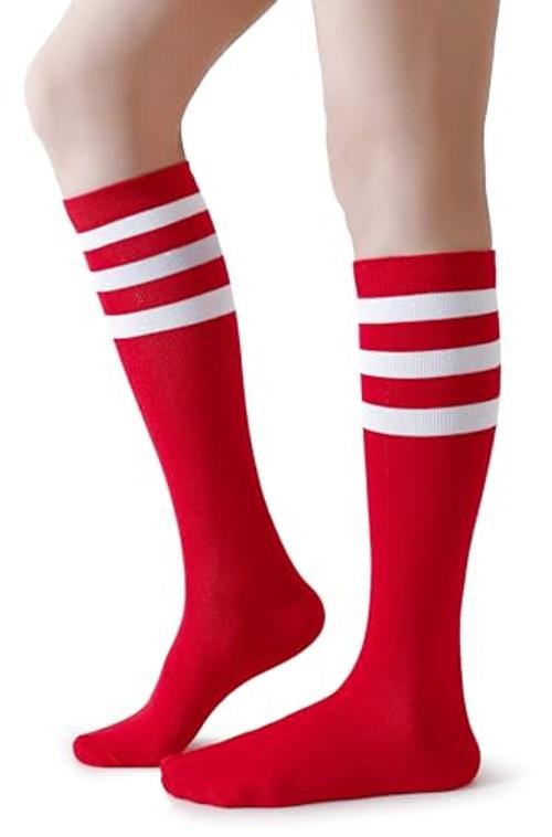 Cotton Knee High Socks Triple Stripes Over the Calf Retro 9-13 A01-red/White