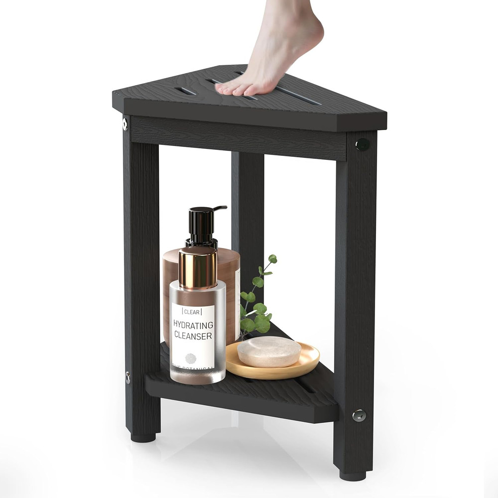Waterproof Shower Foot Rest 14in, HDPE Small Stool for Bath Corner, Black | Idea