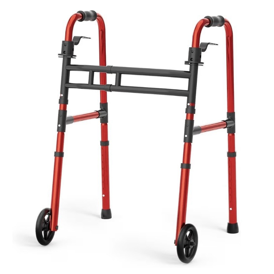 Loyoda Foldable Aluminum 2-Wheel Walking Frame, Adj Height, 350 lb, Red