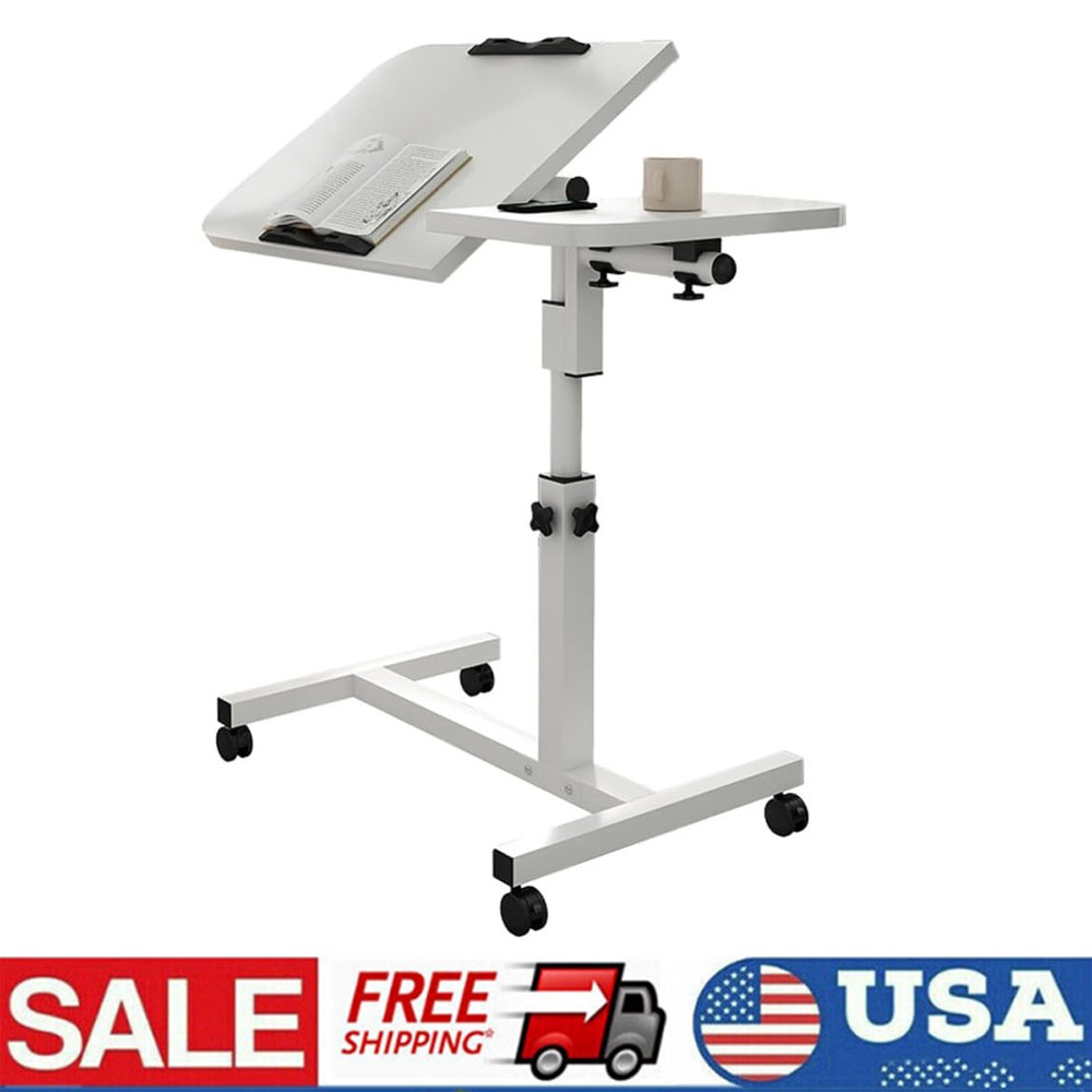 Adjustable Overbed Table, Rolling Tray Table with Wheels for Bed Home Use White