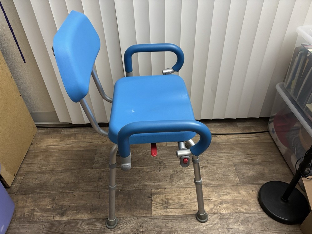 Blue Adjustable Transfer Bench with Backrest, Armrests, Plastic Aluminum