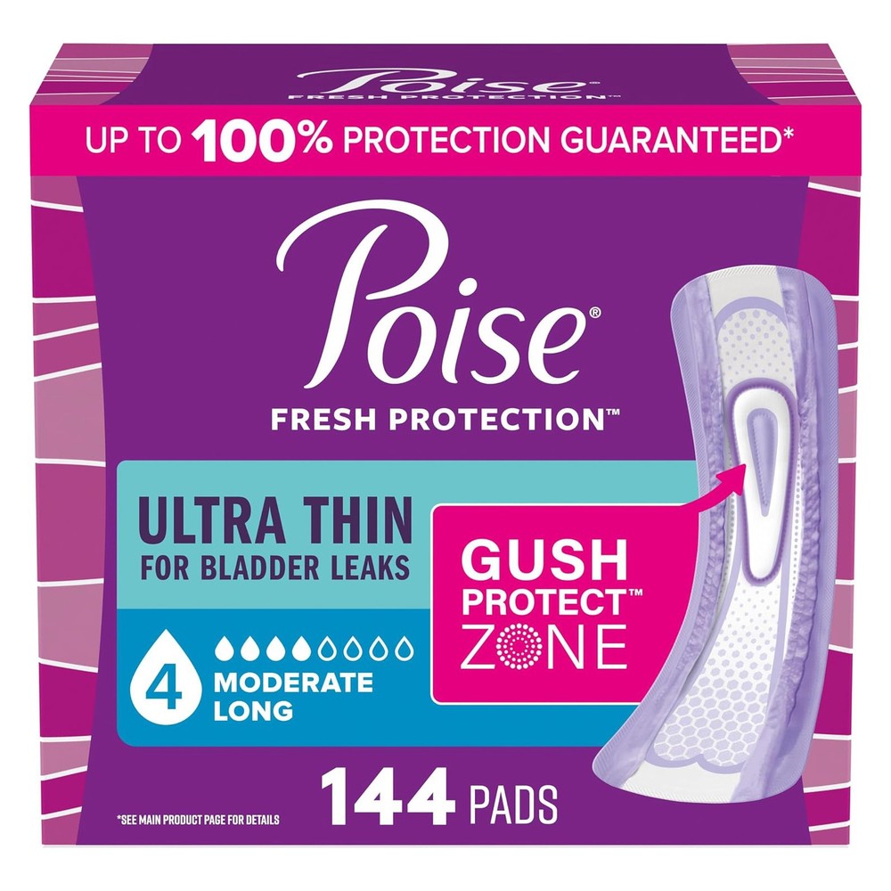 Poise Ultra Thin Incontinence Pads, 4 Drop Moderate Absorbency, Long, 144 Count