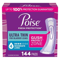 Poise Ultra Thin Incontinence Pads, 4 Drop Moderate Absorbency, Long, 144 Count
