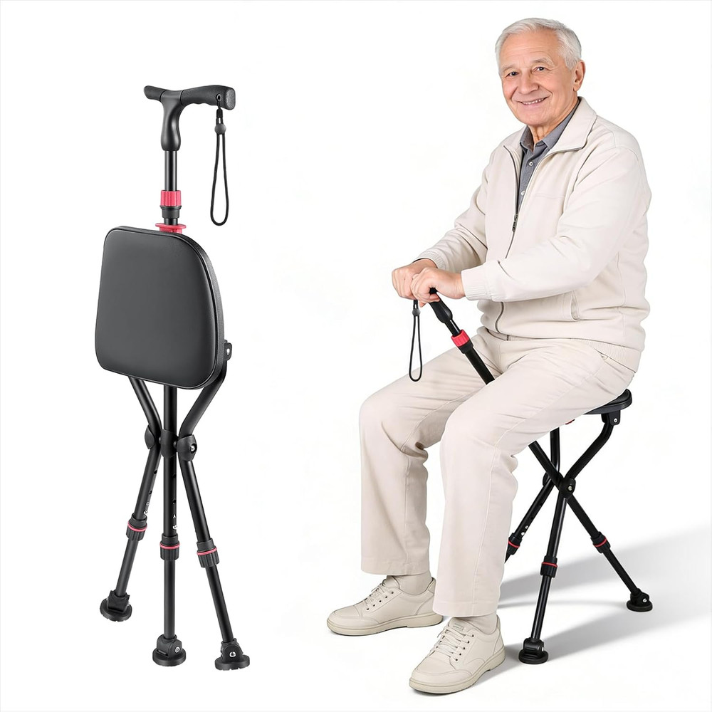 300-Pound Capacity Folding Cane with Seat, Adjustable Seat & Cane Height, Portab