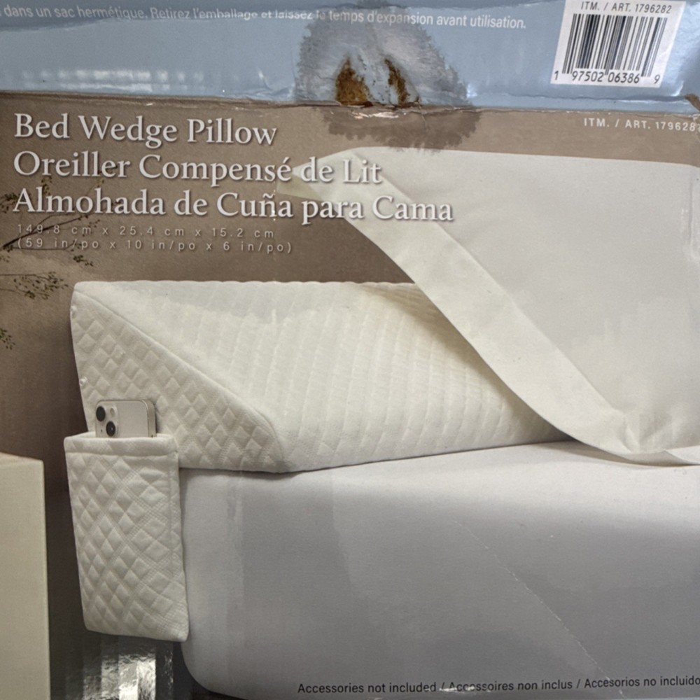 Bed Wedge Pillow White Quilted 59in Removable Cover 2 Side Pockets