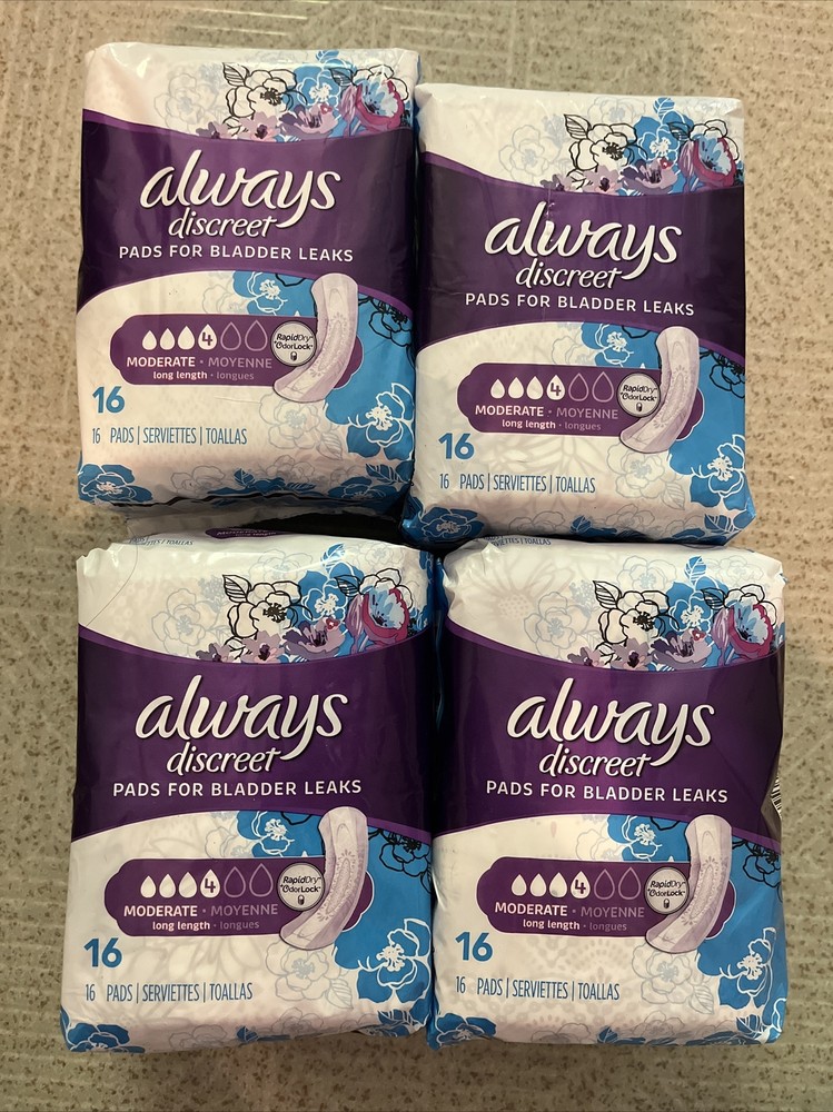 Always Discreet Women’s Bladder 4 Moderate Long Length, 16 Pads, Lot Of 4
