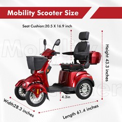 4 Weels Heavy Duty Mobility Scooters 500lbs Capacity 800W 31 miles w/Remote Key