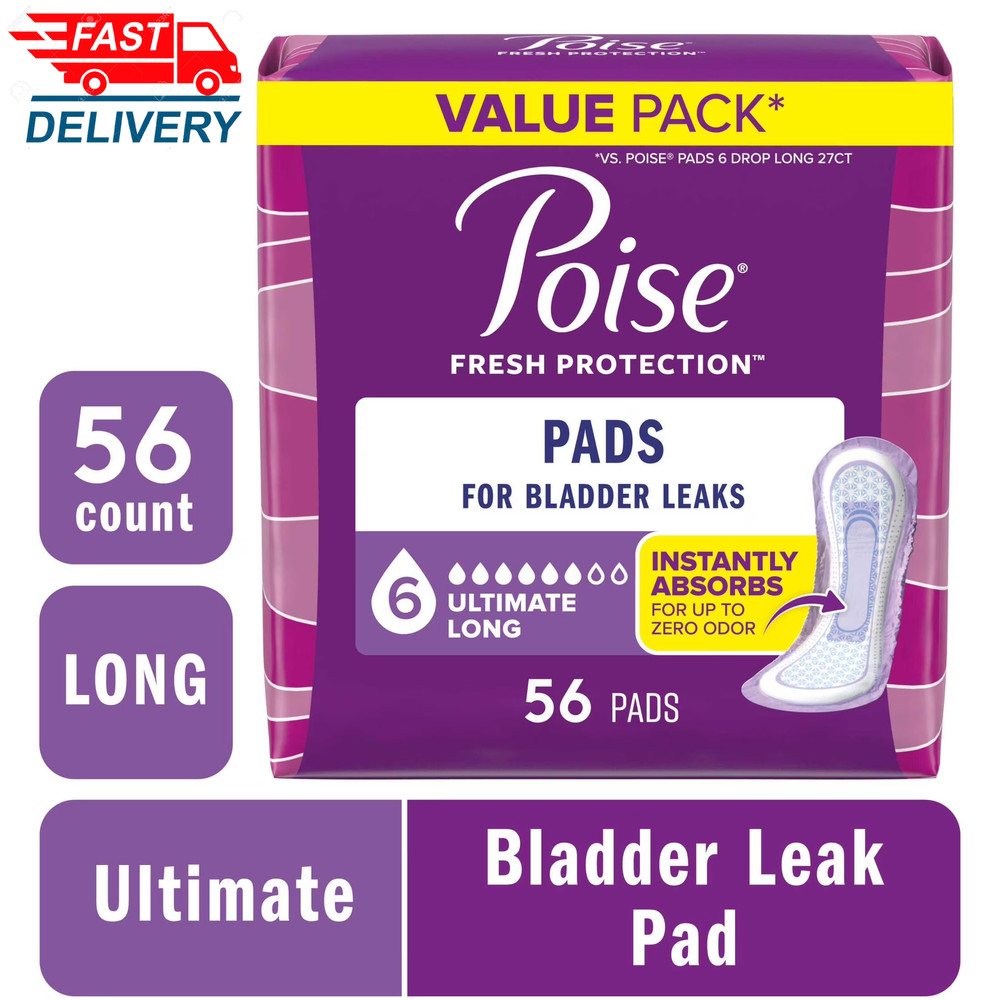 Incontinence Pads for Women, 6 Drop Ultimate Absorbency, Long Length, 56 Count