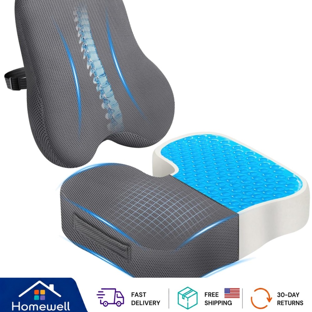 Cooling Gel Seat Cushion & Lumbar Support Pillow Set for Sciatica Relief – Grey