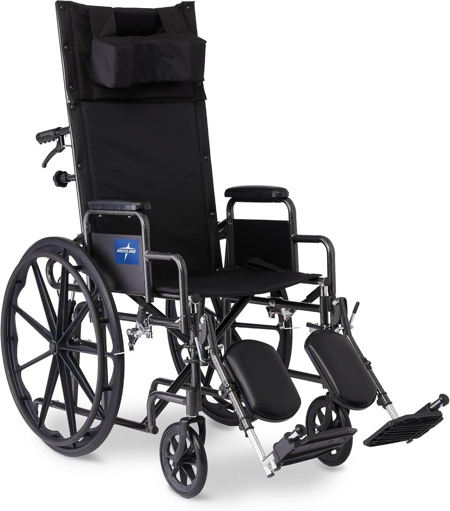 Medline Reclining Wheelchair, Desk-Length Arms and Elevating Leg Rests, 20″ x 18
