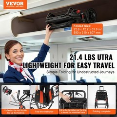 VEVOR Wheelchair Aluminum Alloy Transport Chair Foldable 18-In W Seat 220lbs