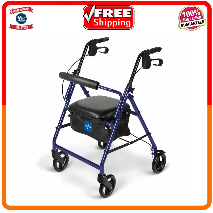 Medline Lightweight Folding Walker with 6 Inch Wheels 250lb Capacity Blue